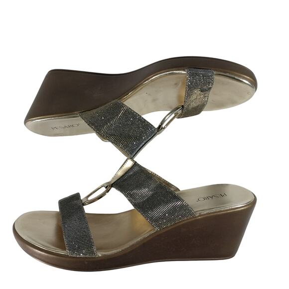 PESARO! "SUSAN" GOLD & BLACK MESH DUAL STRAP/T STRAP GOLD HARDWARE HEELS! SZ 11M - Picture 7 of 10